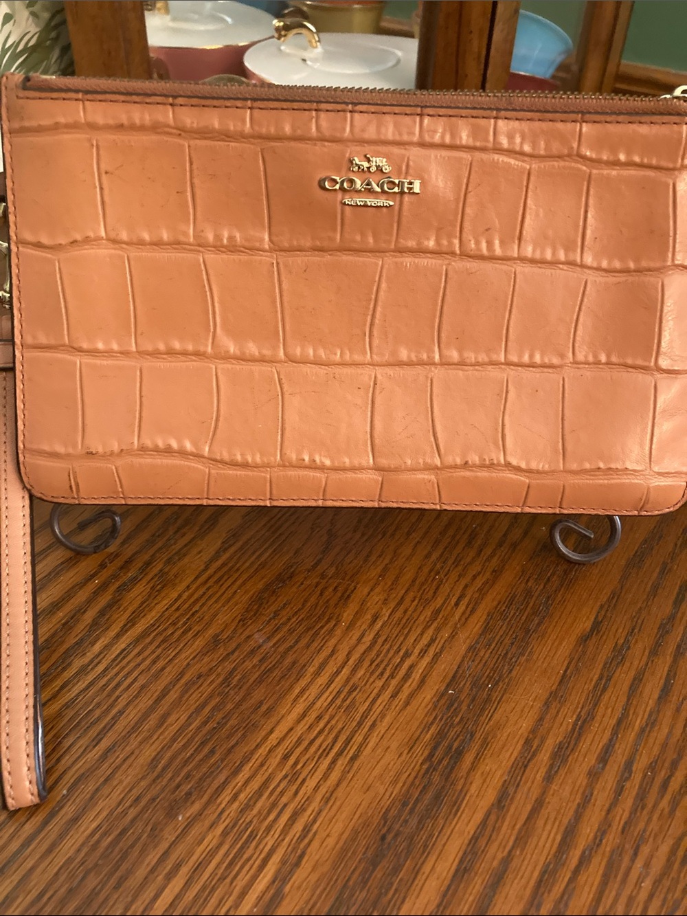 Coach Tan/Salmon Crocodile-Embossed Leather Clutch/Wristlet.